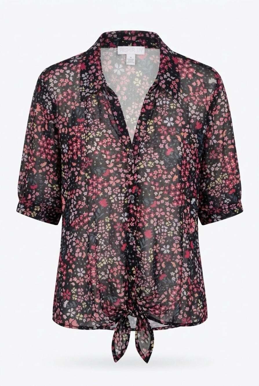 So It Is Floral Mesh Tie-Front Button Down Blouse Size 1X